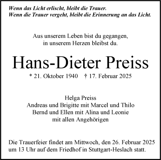 Traueranzeige von Hans-Dieter Preiss von Stuttgarter Zeitung / Stuttgarter Nachrichten