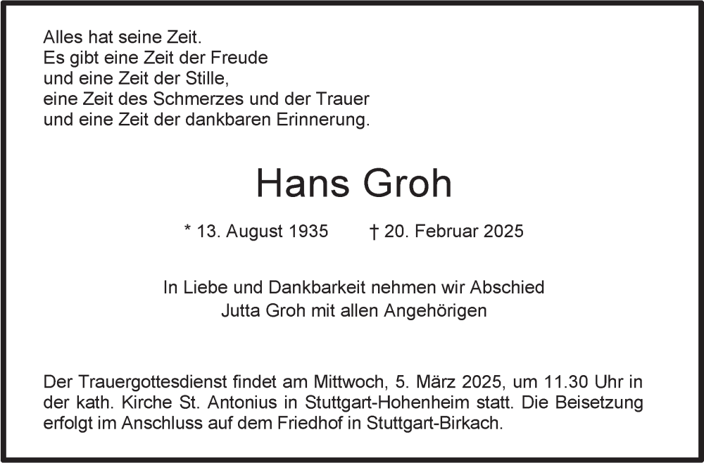  Traueranzeige für Hans Groh vom 01.03.2025 aus Stuttgarter Zeitung / Stuttgarter Nachrichten