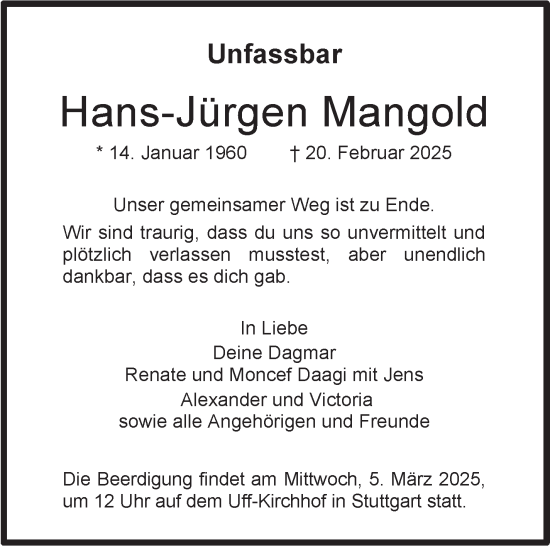 Traueranzeige von Hans-Jürgen Mangold von Stuttgarter Zeitung / Stuttgarter Nachrichten
