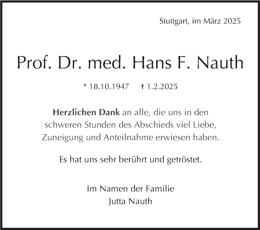  Traueranzeige für Hans Nauth vom 29.03.2025 aus Stuttgarter Zeitung / Stuttgarter Nachrichten