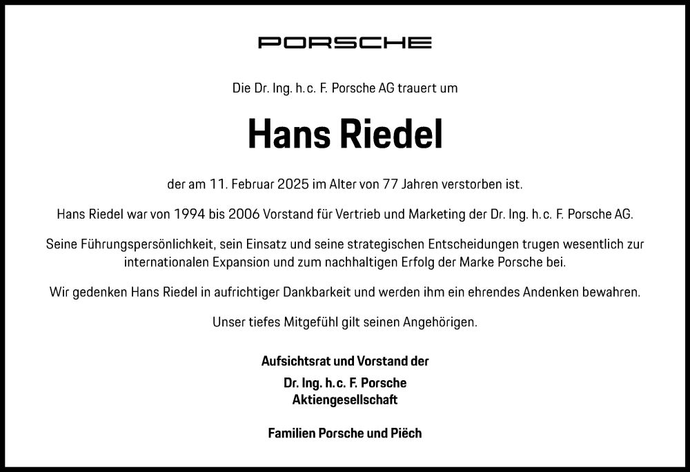  Traueranzeige für Hans Riedel vom 22.02.2025 aus Stuttgarter Zeitung / Stuttgarter Nachrichten