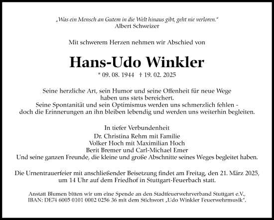 Traueranzeige von Hans-Udo Winkler von Stuttgarter Zeitung / Stuttgarter Nachrichten