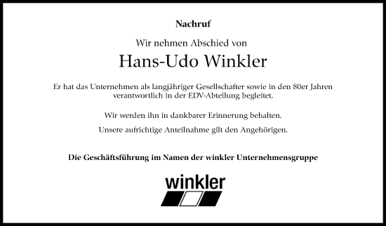 Traueranzeige von Hans-Udo Winkler von Stuttgarter Zeitung / Stuttgarter Nachrichten