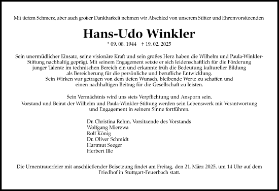 Traueranzeige von Hans-Udo Winkler von Stuttgarter Zeitung / Stuttgarter Nachrichten