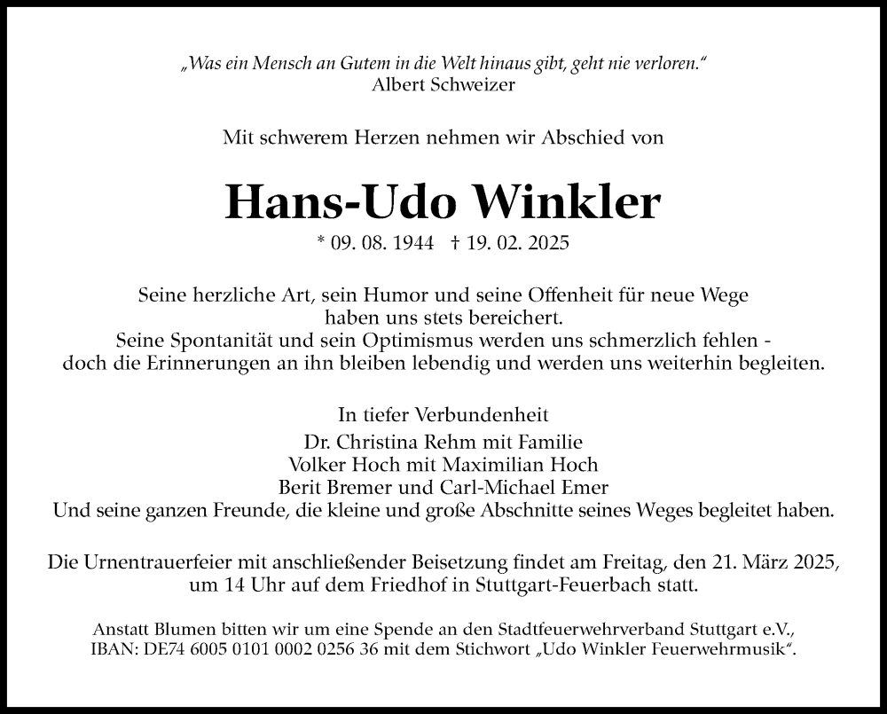  Traueranzeige für Hans-Udo Winkler vom 01.03.2025 aus Stuttgarter Zeitung / Stuttgarter Nachrichten