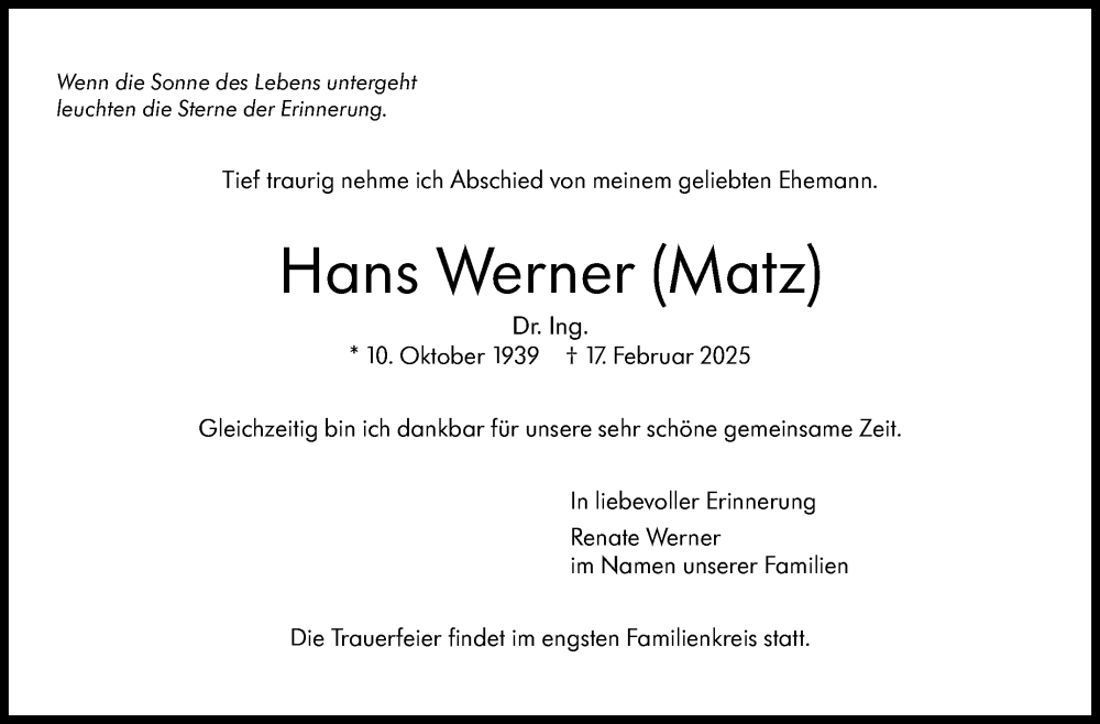  Traueranzeige für Hans Werner vom 01.03.2025 aus Stuttgarter Zeitung / Stuttgarter Nachrichten