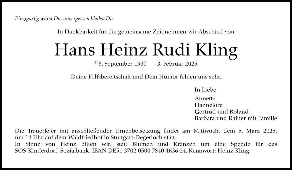  Traueranzeige für Hans Heinz Rudi Kling vom 01.03.2025 aus Stuttgarter Zeitung / Stuttgarter Nachrichten