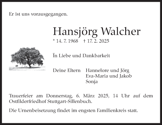 Traueranzeige von Hansjörg Walcher von Stuttgarter Zeitung / Stuttgarter Nachrichten
