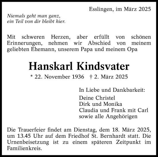 Traueranzeige von Hanskarl Kindsvater von Stuttgarter Zeitung / Stuttgarter Nachrichten