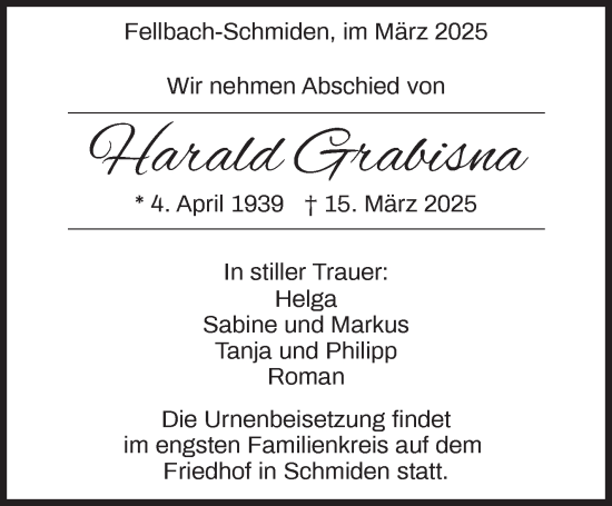 Traueranzeige von Harald Grabisna von Stuttgarter Zeitung / Stuttgarter Nachrichten