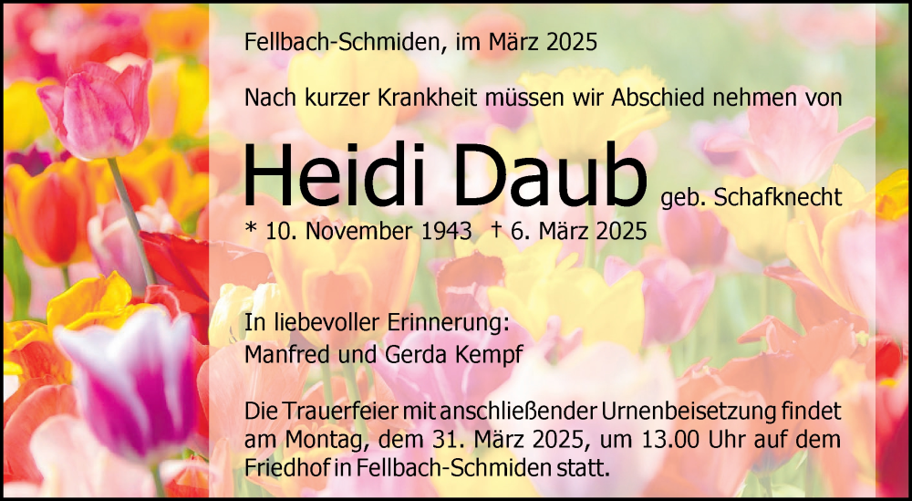  Traueranzeige für Heidi Daub vom 27.03.2025 aus Stuttgarter Zeitung / Stuttgarter Nachrichten