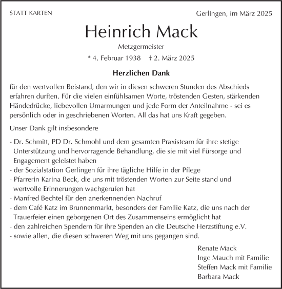 Traueranzeige von Heinrich Mack von Stuttgarter Zeitung / Stuttgarter Nachrichten