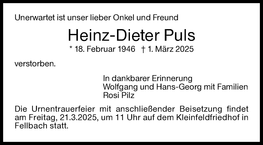  Traueranzeige für Heinz-Dieter Puls vom 18.03.2025 aus Stuttgarter Zeitung / Stuttgarter Nachrichten