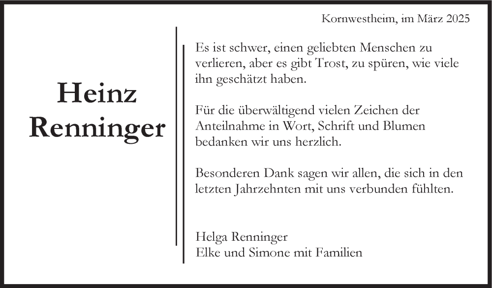  Traueranzeige für Heinz Renninger vom 05.03.2025 aus Stuttgarter Zeitung / Stuttgarter Nachrichten