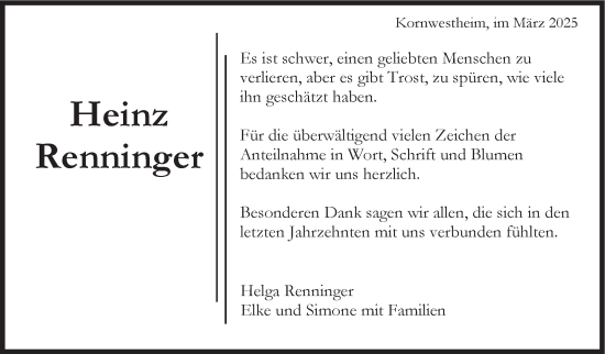 Traueranzeige von Heinz Renninger von Stuttgarter Zeitung / Stuttgarter Nachrichten