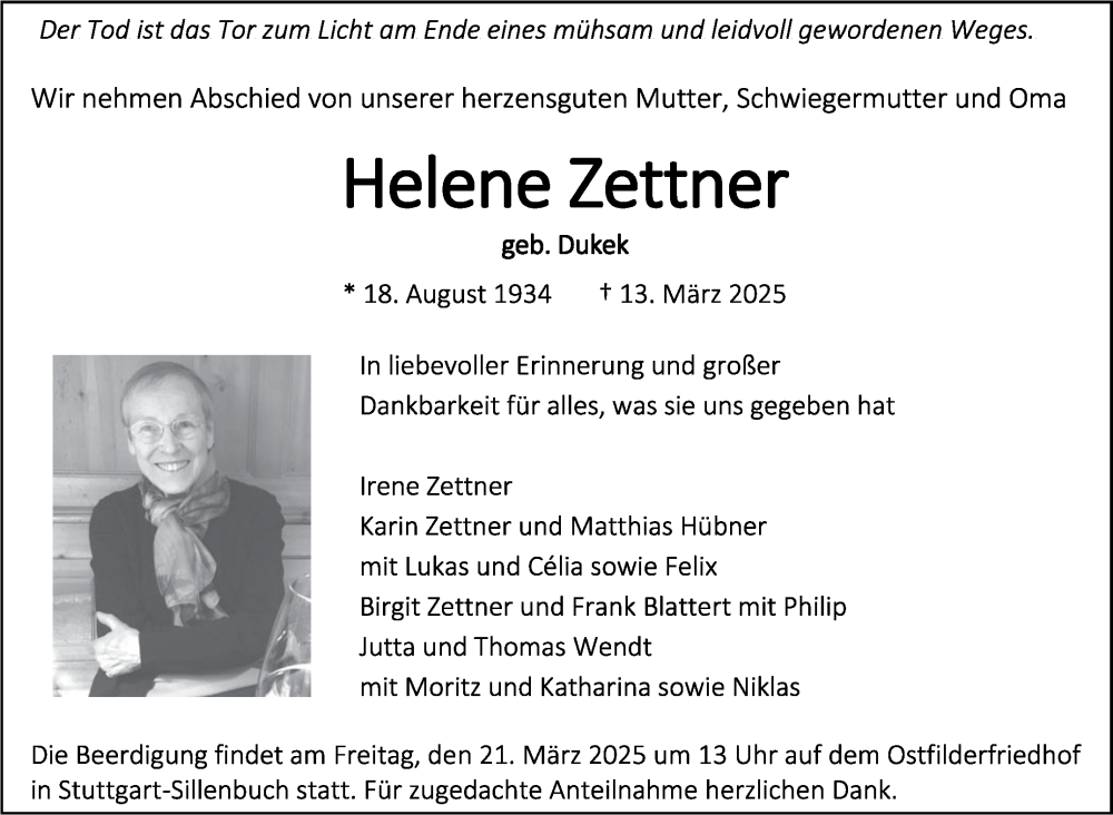  Traueranzeige für Helene Zettner vom 19.03.2025 aus Stuttgarter Zeitung / Stuttgarter Nachrichten