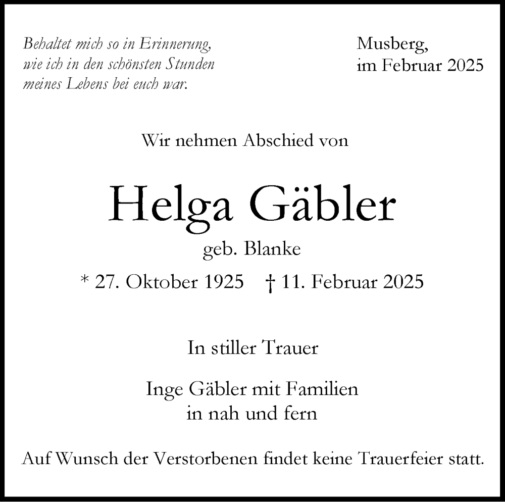  Traueranzeige für Helga Gäbler vom 22.02.2025 aus Stuttgarter Zeitung / Stuttgarter Nachrichten