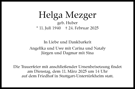 Traueranzeige von Helga Mezger von Stuttgarter Zeitung / Stuttgarter Nachrichten