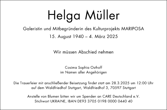 Traueranzeige von Helga Müller von Stuttgarter Zeitung / Stuttgarter Nachrichten