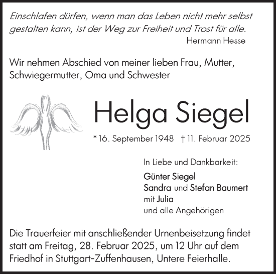 Traueranzeige von Helga Siegel von Stuttgarter Zeitung / Stuttgarter Nachrichten