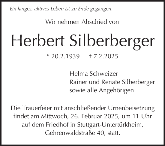 Traueranzeige von Herbert Silberberger von Stuttgarter Zeitung / Stuttgarter Nachrichten