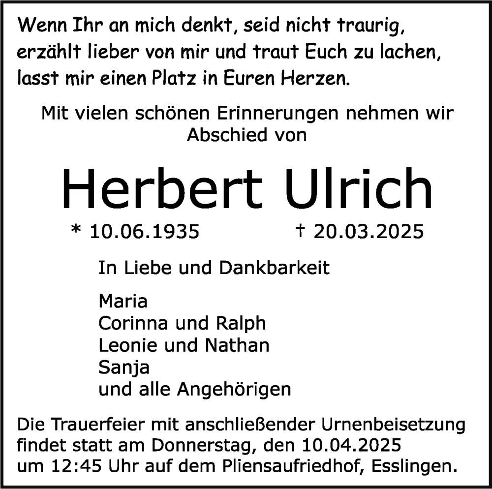  Traueranzeige für Herbert Ulrich vom 29.03.2025 aus Stuttgarter Zeitung / Stuttgarter Nachrichten