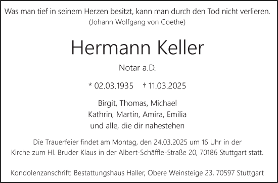Traueranzeige von Hermann Keller von Stuttgarter Zeitung / Stuttgarter Nachrichten