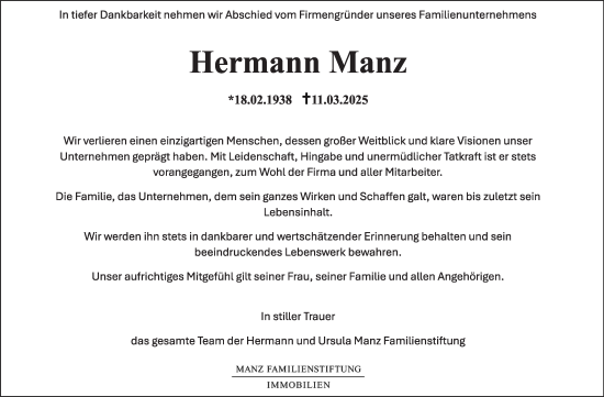 Traueranzeige von Hermann Manz von Stuttgarter Zeitung / Stuttgarter Nachrichten