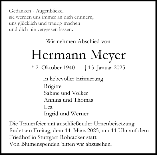 Traueranzeige von Hermann Meyer von Stuttgarter Zeitung / Stuttgarter Nachrichten