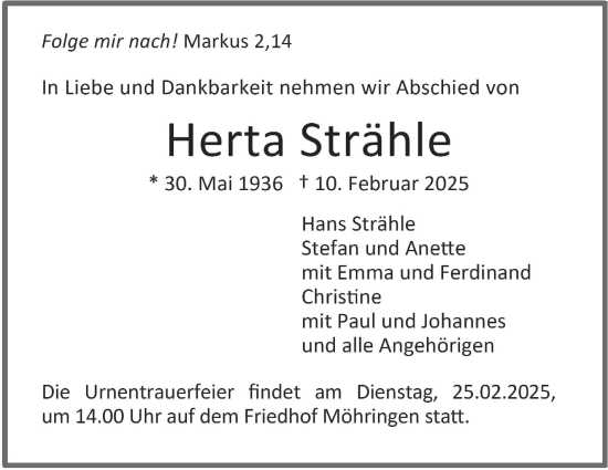 Traueranzeige von Herta Strähle von Stuttgarter Zeitung / Stuttgarter Nachrichten