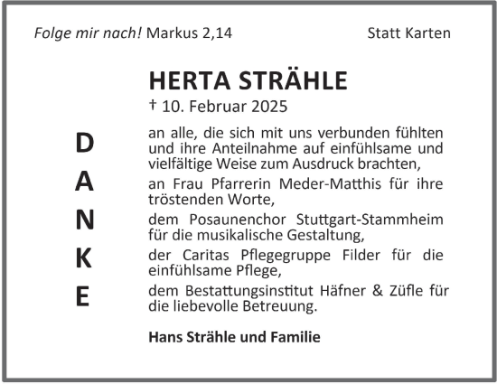 Traueranzeige von Herta Strähle von Stuttgarter Zeitung / Stuttgarter Nachrichten