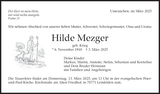 Traueranzeige von Hilde Mezger von Stuttgarter Zeitung / Stuttgarter Nachrichten