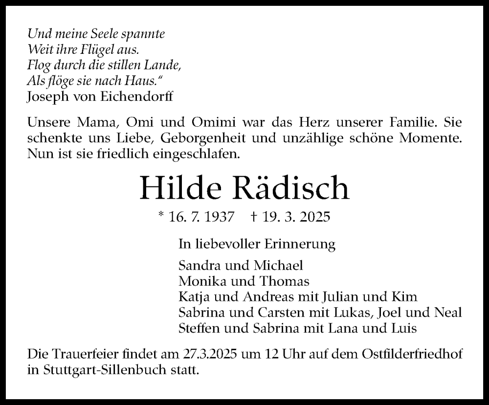  Traueranzeige für Hilde Rädisch vom 22.03.2025 aus Stuttgarter Zeitung / Stuttgarter Nachrichten