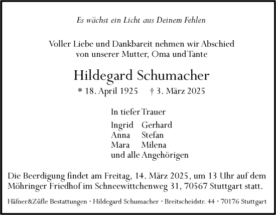 Traueranzeige von Hildegard Schumacher von Stuttgarter Zeitung / Stuttgarter Nachrichten