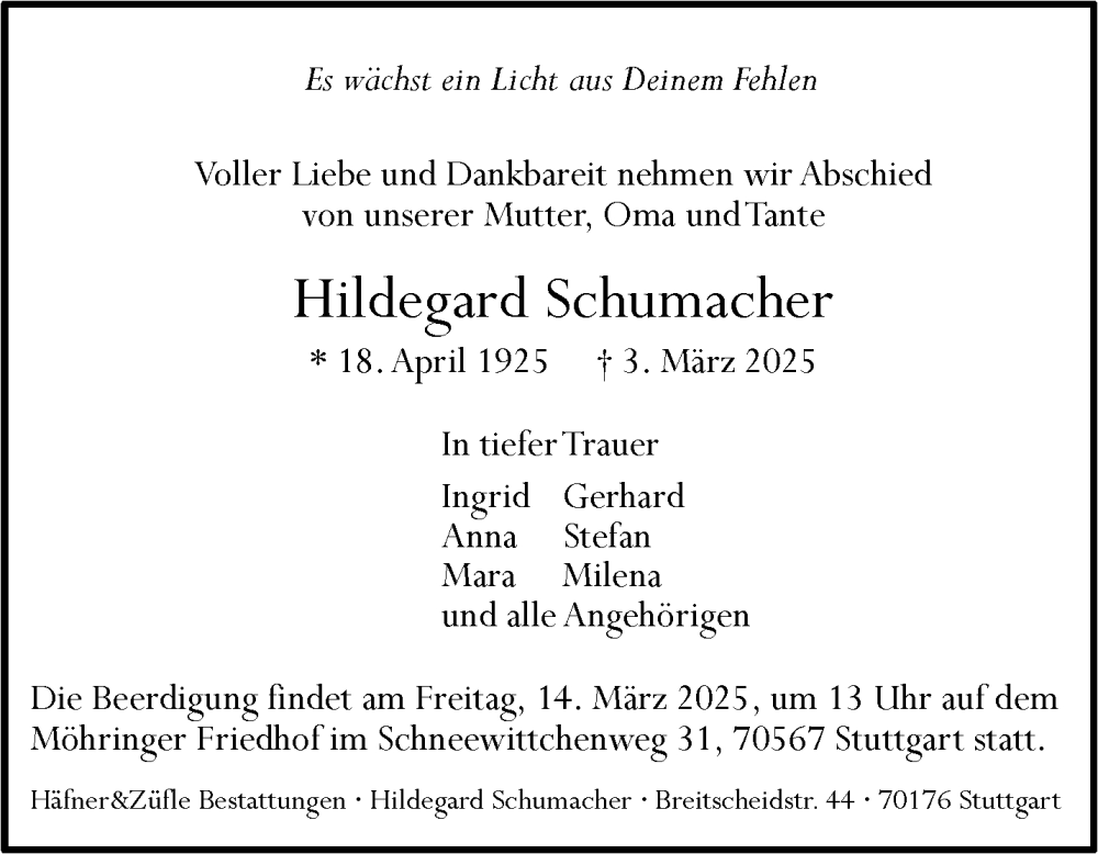  Traueranzeige für Hildegard Schumacher vom 08.03.2025 aus Stuttgarter Zeitung / Stuttgarter Nachrichten