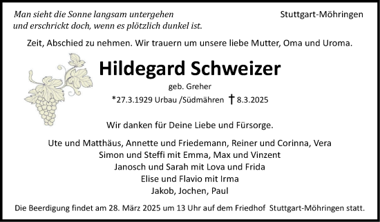 Traueranzeige von Hildegard Schweizer von Stuttgarter Zeitung / Stuttgarter Nachrichten