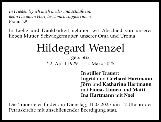 Traueranzeige von Hildegard Wenzel von Stuttgarter Zeitung / Stuttgarter Nachrichten