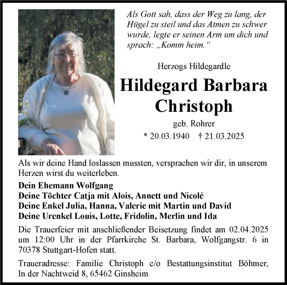  Traueranzeige für Hildegard Barbara Christoph vom 29.03.2025 aus Stuttgarter Zeitung / Stuttgarter Nachrichten