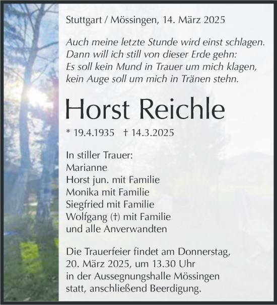 Traueranzeige von Horst Reichle von Stuttgarter Zeitung / Stuttgarter Nachrichten