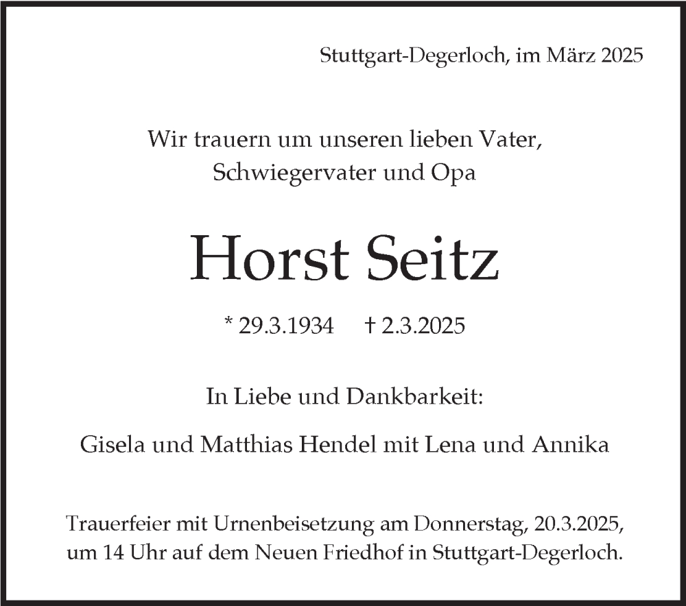  Traueranzeige für Horst Seitz vom 08.03.2025 aus Stuttgarter Zeitung / Stuttgarter Nachrichten