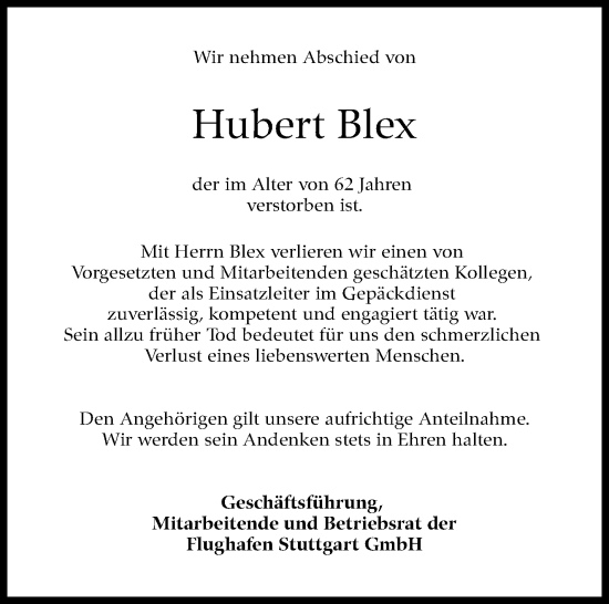 Traueranzeige von Hubert Blex von Stuttgarter Zeitung / Stuttgarter Nachrichten