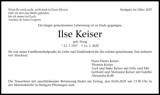 Traueranzeige von Ilse Keiser von Stuttgarter Zeitung / Stuttgarter Nachrichten