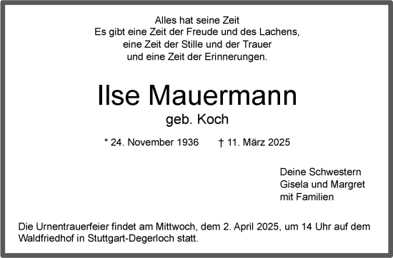 Traueranzeige von Ilse Mauermann von Stuttgarter Zeitung / Stuttgarter Nachrichten