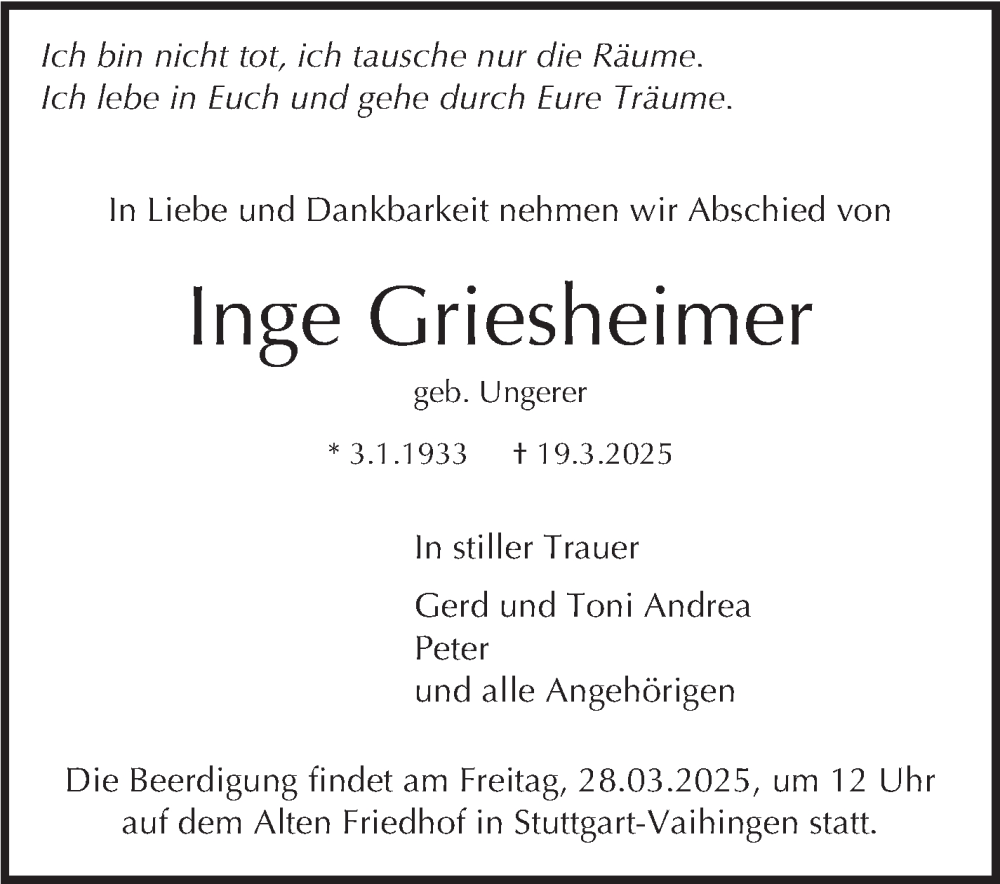  Traueranzeige für Inge Griesheimer vom 22.03.2025 aus Stuttgarter Zeitung / Stuttgarter Nachrichten