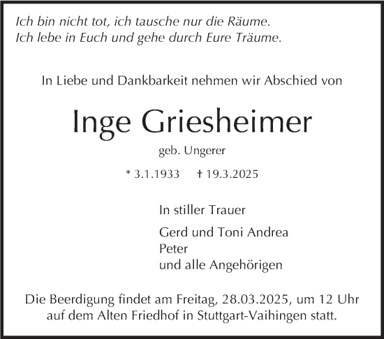 Traueranzeige von Inge Griesheimer von Stuttgarter Zeitung / Stuttgarter Nachrichten
