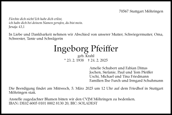 Traueranzeige von Ingeborg Pfeiffer von Stuttgarter Zeitung / Stuttgarter Nachrichten