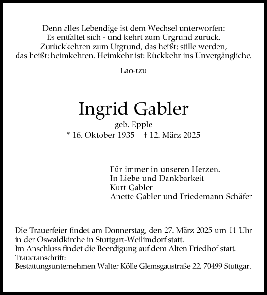 Traueranzeige von Ingrid Gabler von Stuttgarter Zeitung / Stuttgarter Nachrichten