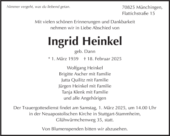Traueranzeige von Ingrid Heinkel von Stuttgarter Zeitung / Stuttgarter Nachrichten