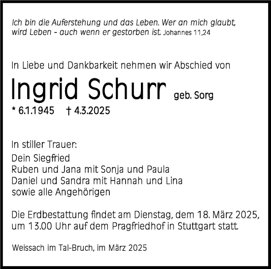 Traueranzeige von Ingrid Schurr von Stuttgarter Zeitung / Stuttgarter Nachrichten
