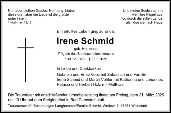 Traueranzeige von Irene Schmid von Stuttgarter Zeitung / Stuttgarter Nachrichten